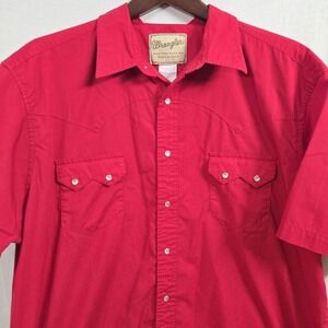 Vtg Wrangler Shirt Mens 2XL Solid Red Western Pearl Snap Short Sleeve Cotton Bld
